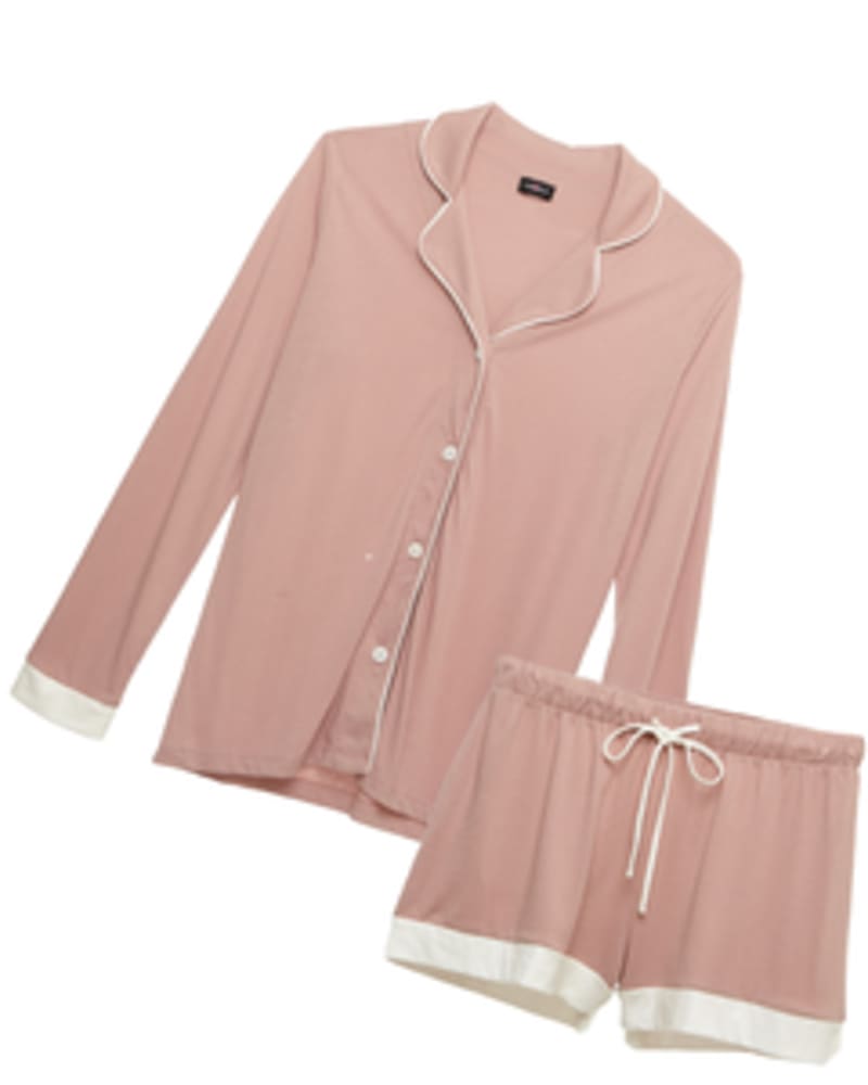 Front of a size M Long-Sleeve Top and Shorts Sleep Set in Mandorla / Moon Ivory by Cosabella. | dia_product_style_image_id:253755